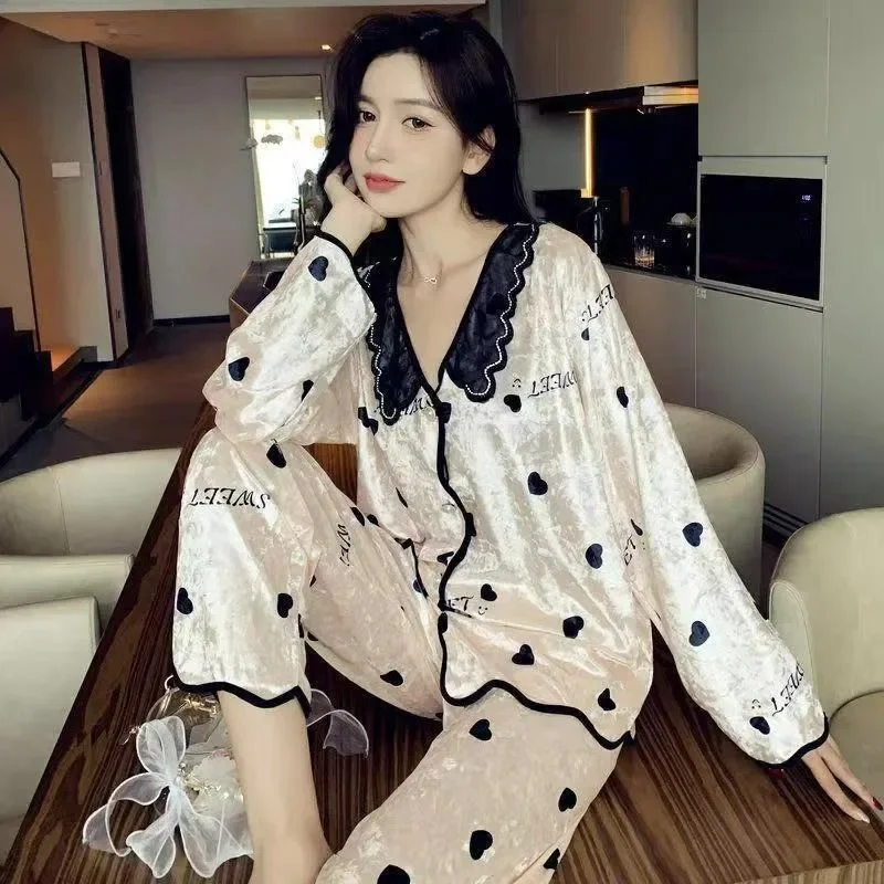 Gold Diamond Velvet Black Heart Set Pajamas Female Network Red Version of Spring and Autumn Winter Can Wear Home Clothes Loose