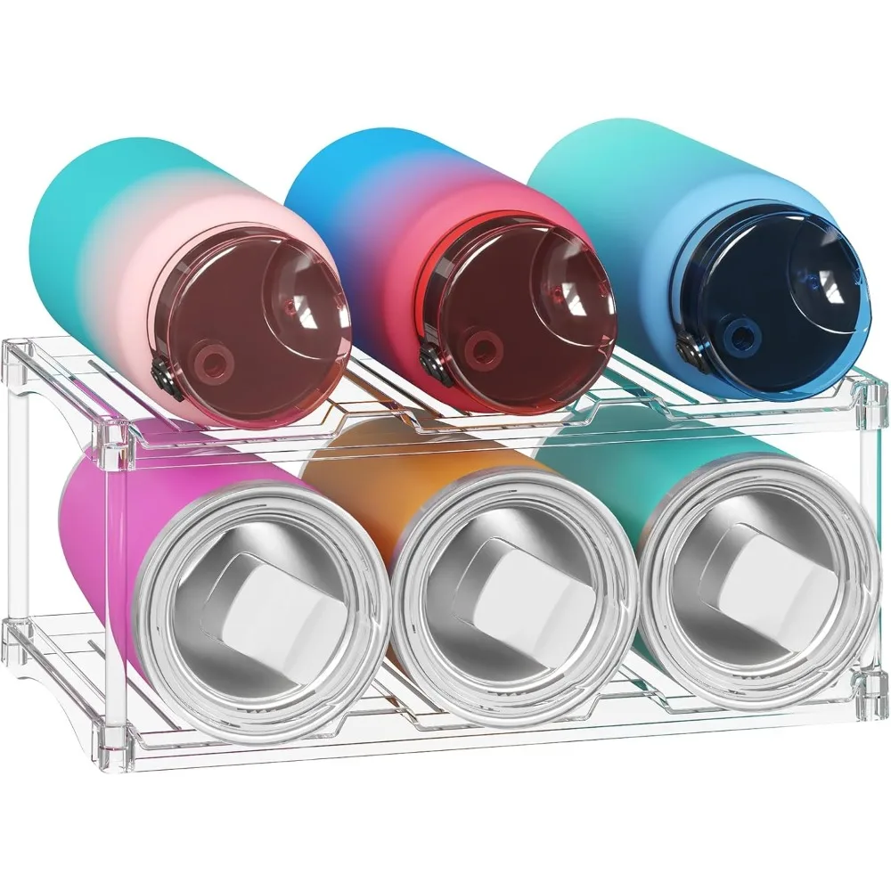 

Stackable Bottle Storage Organizer, Clear Freestanding Wine Holder for Cabinet, Large Slot Water Bottle Tumbler Cup Organizer for Pantry, Plastic Wine Rack for Fridge Cellar, 2Tier Hold 6