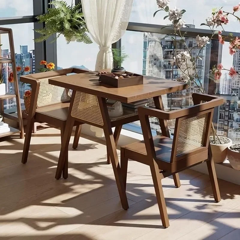 Solid Wood Balcony Tea Table and Chair Set Casual 3 Piece Creative Small Round Coffee Table with Two Chairs for Living Room