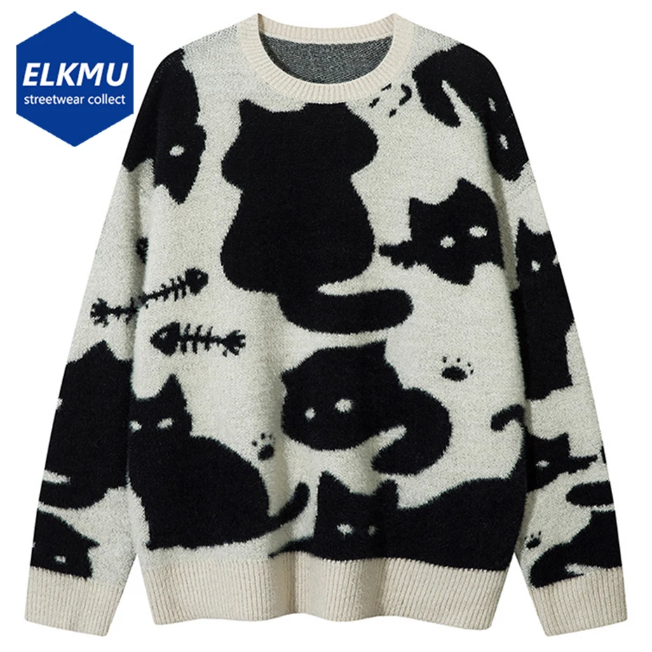 

Black Cat Graphic Sweaters Men's 2024 Casual Loose Knitted Jumper Harajuku Oversized Hip Hop Pullover Sweater Y2K