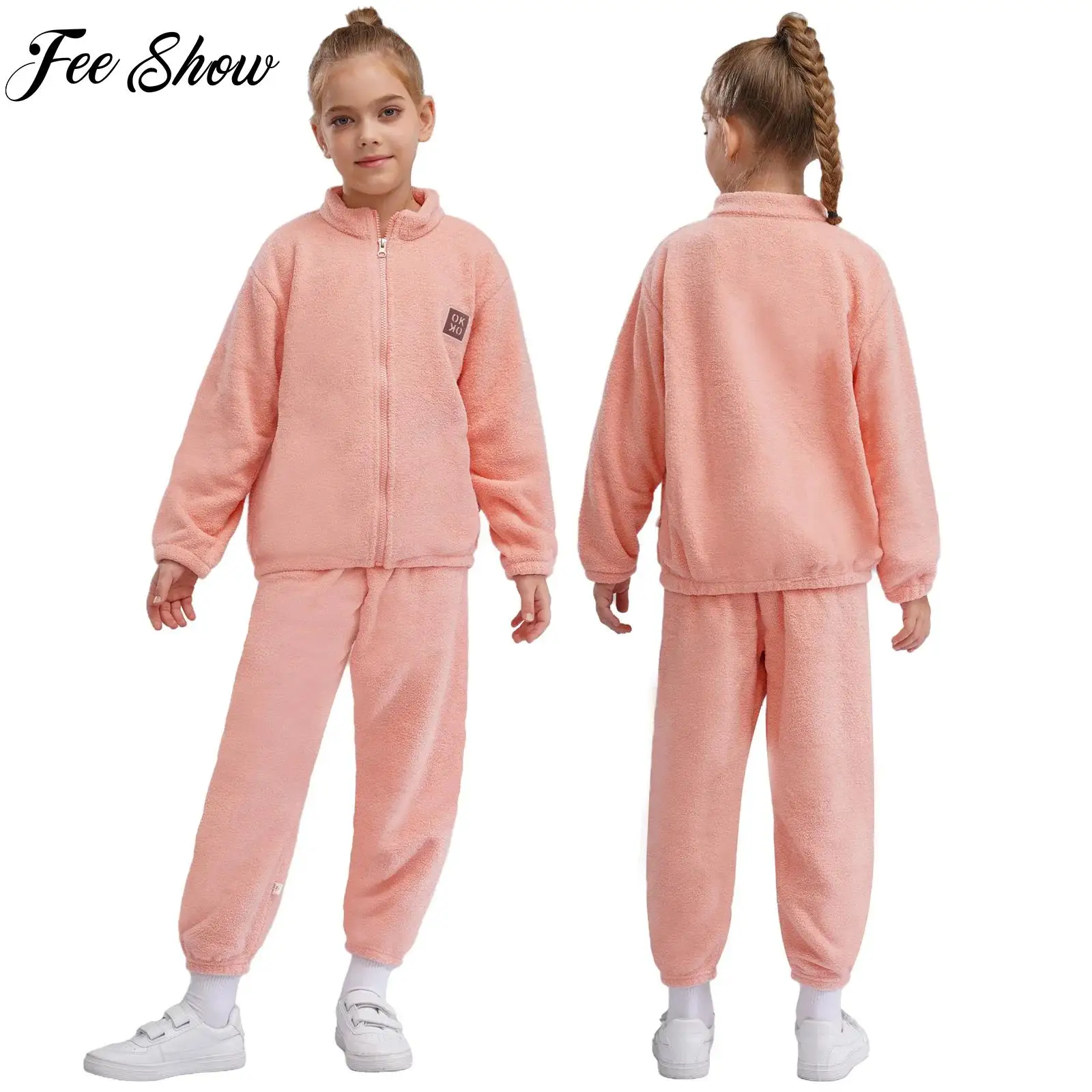 Kids Girls Clothing Set Warm Fleece Outfit Children Homewear Loungewear Long Sleeve Sweatshirt Jacket with Pants New Year Outfit