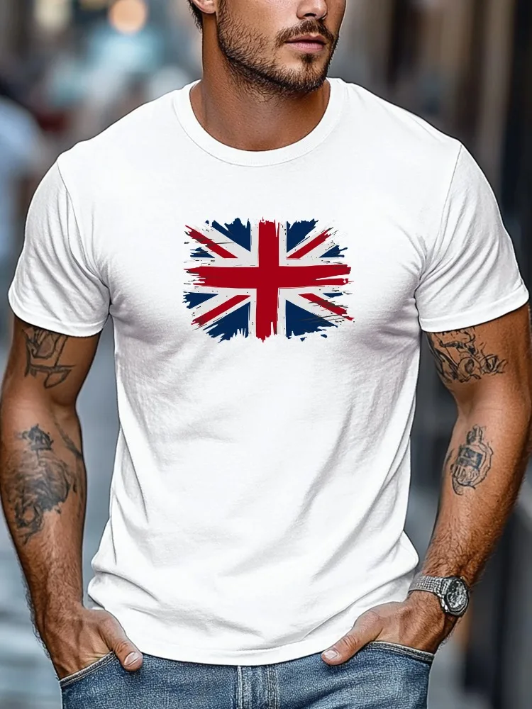 Men Black Crew Neck Tee Distressed Brush Stroke Union Jack British Flag Graphic Soft Short Sleeve UK Patriotic Daily Male Tops