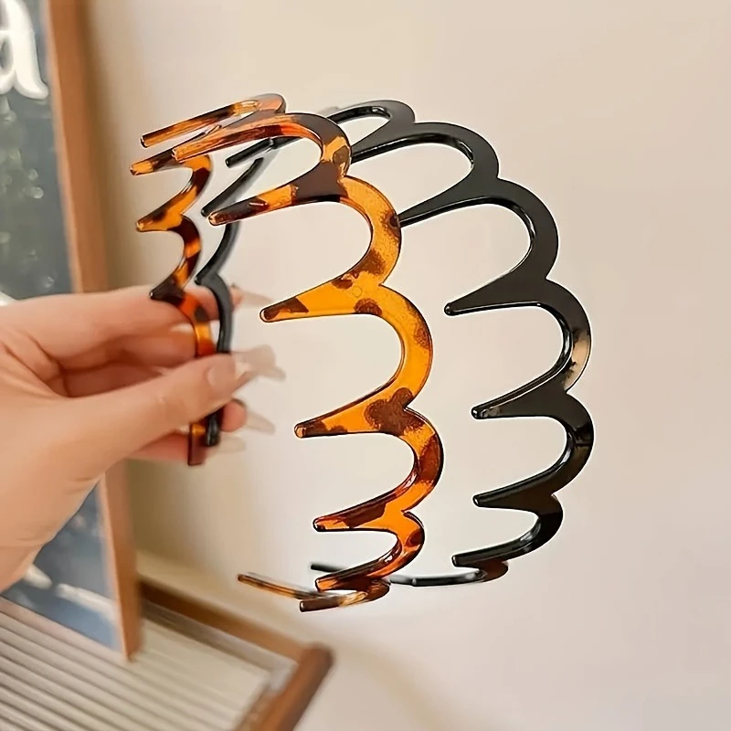 1 2-Piece Set of Vintage Tortoiseshell Black Wavy Toothed Headbands, Large Serrated Non-Slip Headbands, Hairbands for Washing Face and Holding Hair, Simple and Versatile Basic Hair Accessories