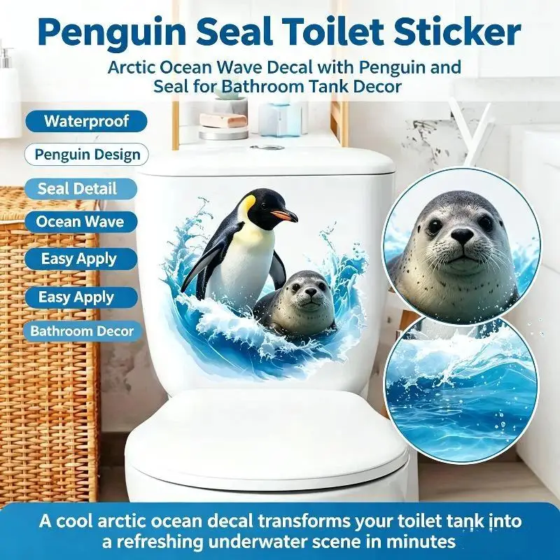 Toilet Tank Stickers Waterproof Self Adhesive Removable No Residue Polar Ocean Animal Decor for Bathroom Home Decoration
