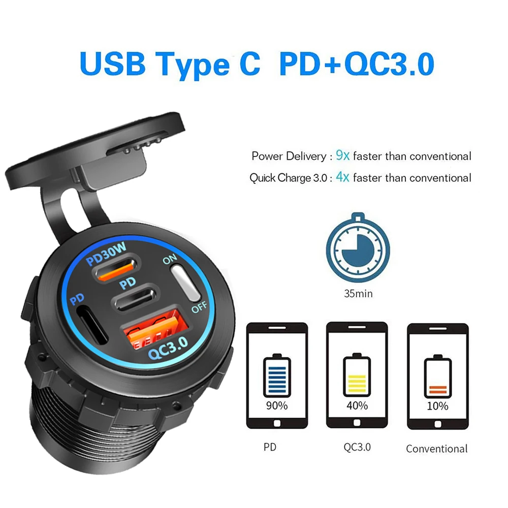 88W Quick Charging PD30W+QC3.0 USB Type C Phone Charger 4 Ports Power Socket with Switch Waterproof For 12V-24V Car Bus Truck RV