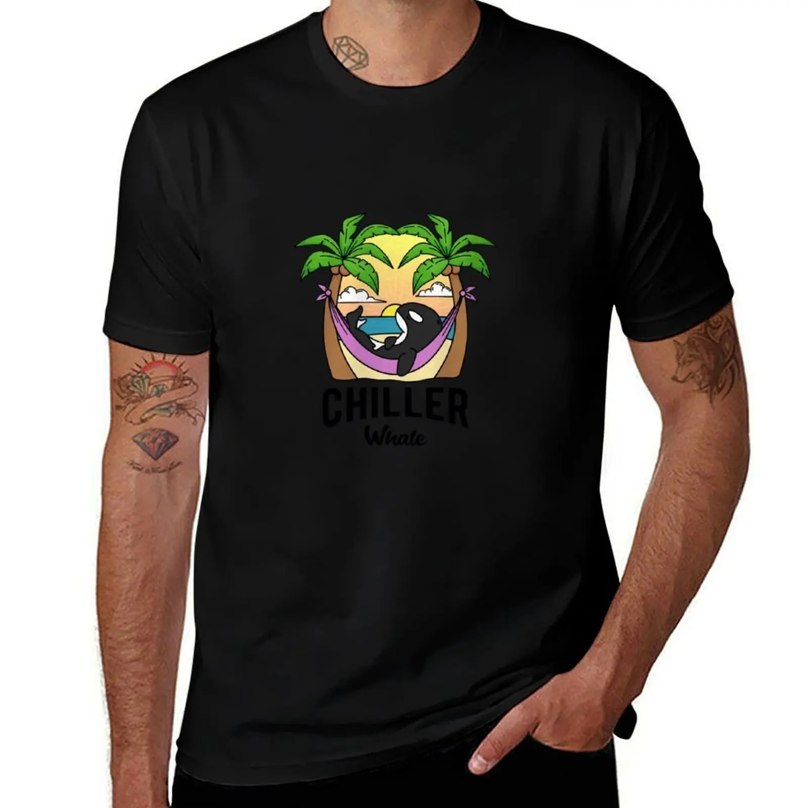 CHILLER WHALE PALM TREES T-Shirt Simple Casual Short Sleeve Cotton T-Shirt