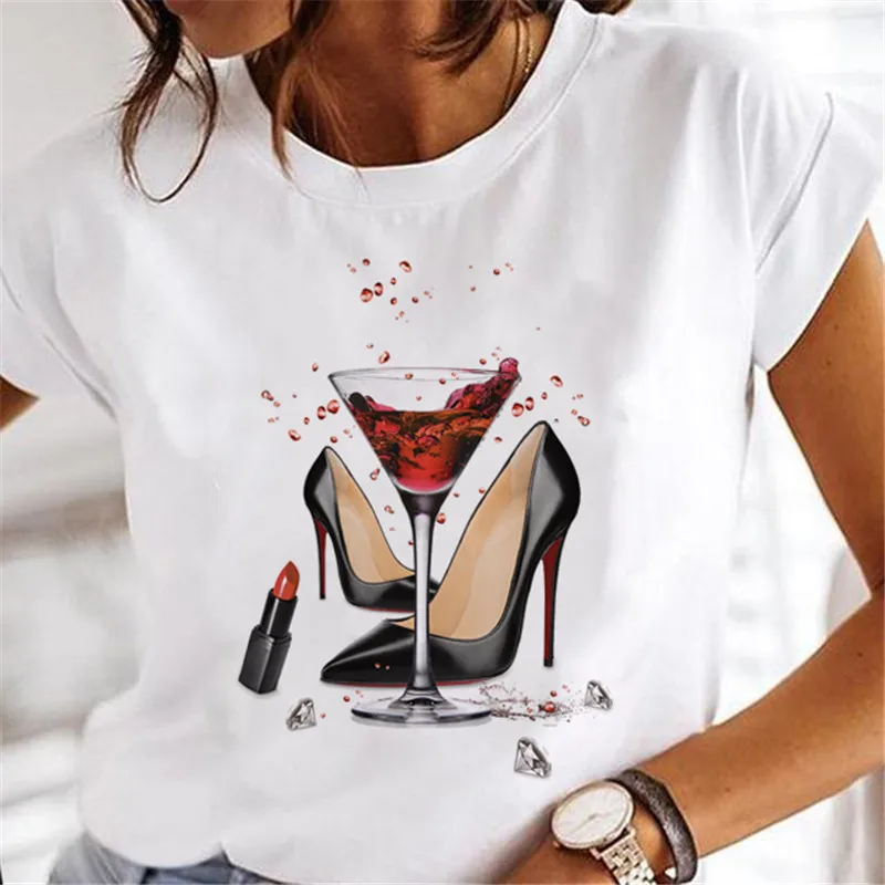 

T-shirts Women 2022 Clothing Sweet Wine Print Girl 90s Cartoon Printing Clothes Graphic Tshirt Top Lady Print Female Tee T-Shirt