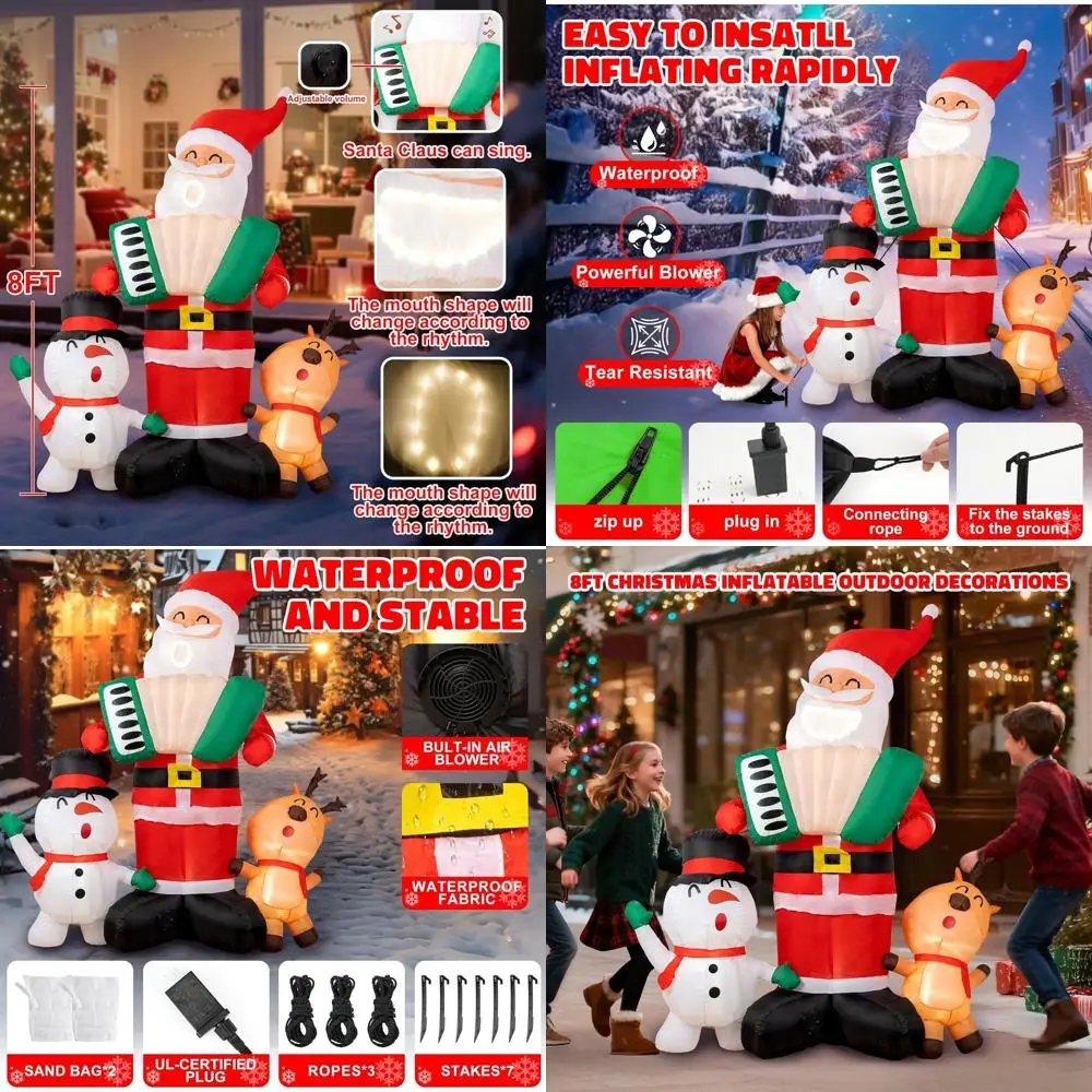 

Надувной уличный рождественский декор Jolly 8 футов: аккордеон Санта-Клауса, пеющий снеговик и лось со светодиодными фонарями
