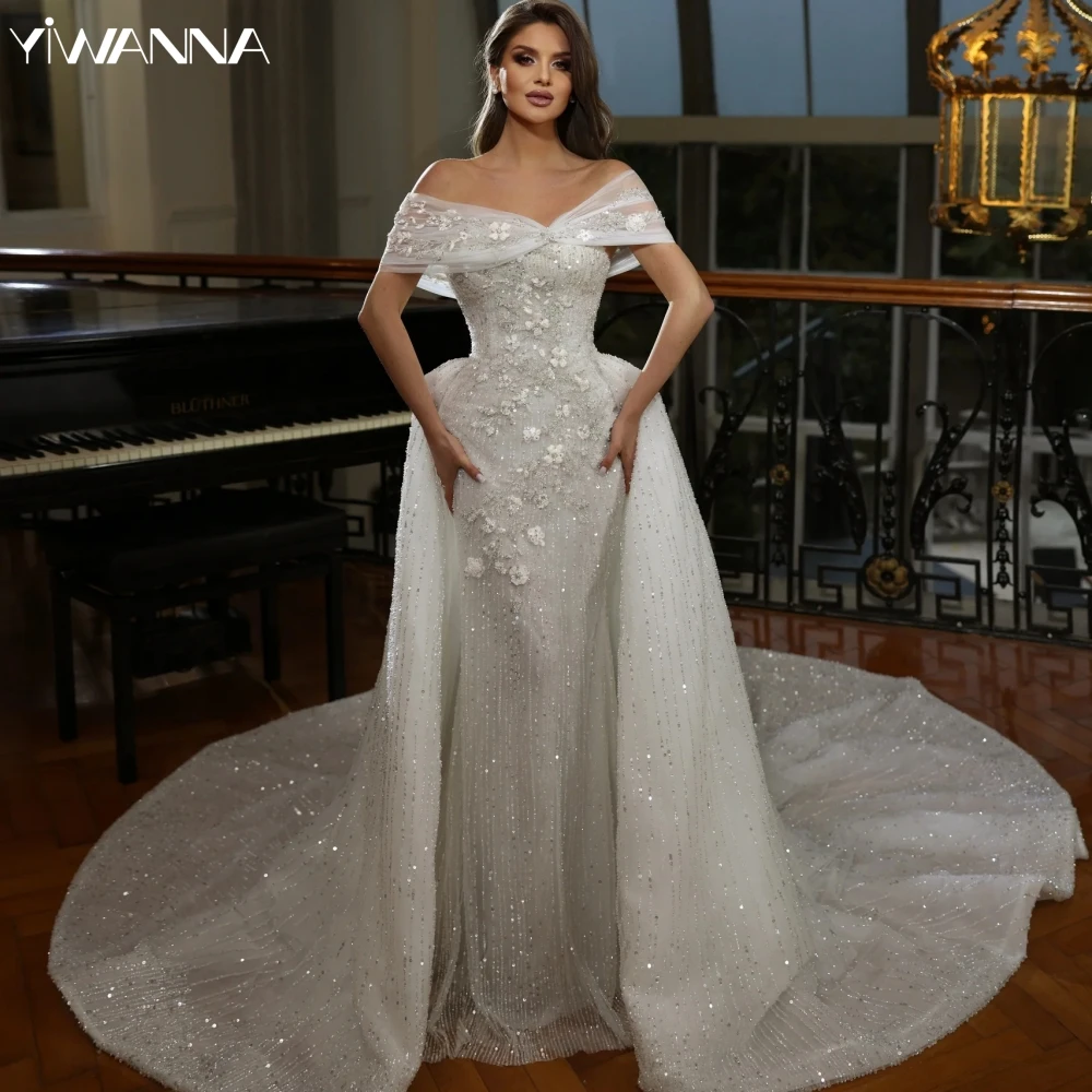 

Graceful Off The Shoulder Bridal Dress Sparkly Sequins Wedding Gown Dubai Luxury Appliques Mermaid Bride Robe Vestido De Novia