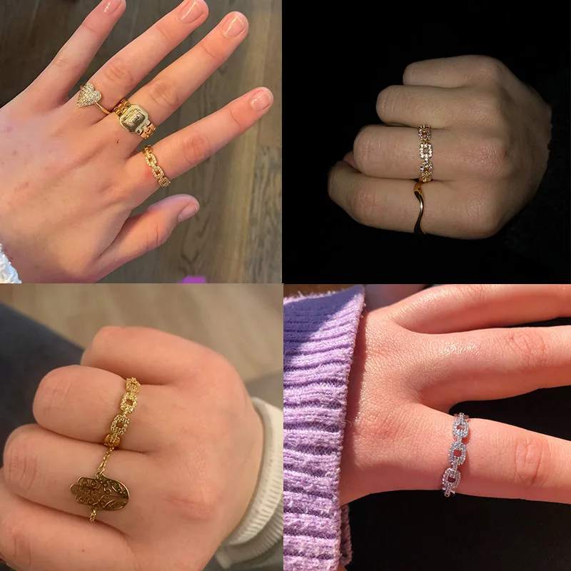 Anillos abiertos de cadena giratoria clásica para mujer, anillo de acero inoxidable con circonita geométrica, envuelto en pareja, joyería estética