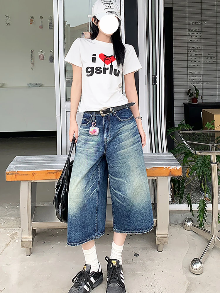 Retro, luźne spodnie jeansowe damskie z wysokim stanem i szerokimi nogawkami, jesienno-zimowe, nowe, z efektem sprania, modne.