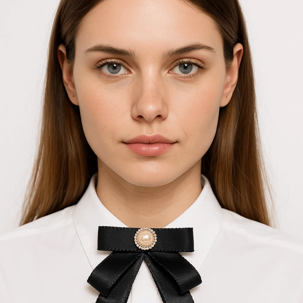 Simple Solid Color Black Ribbon Pin Rhinestones Multi-layer Black Bow Necktie Pearl JK Ribbon Badge Brooch Men