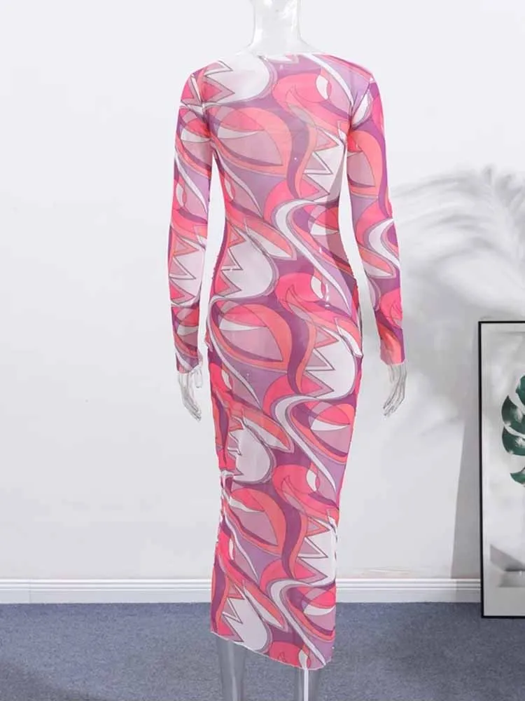 MCDV Abito sexy in maglia con stampa con lacci Donna Chic O-Collo Manica lunga Aderente Abiti maxi trasparenti 2025 Autunno Lady Beach Vacation Robe