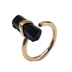 Irregular Raw Black Tourmaline Open Ring Handmade Gold Plated Finger Jewelry for women Girls Statement Rings Resizable