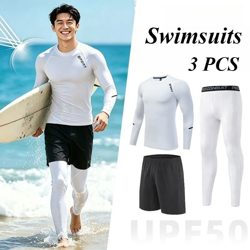 Men's Loose swimsuit Fit Swim Two-Piece Suits Quick-Dry Trunks & UPF 50+ Long Sleeve Rash Guard for Swim Sun Protection