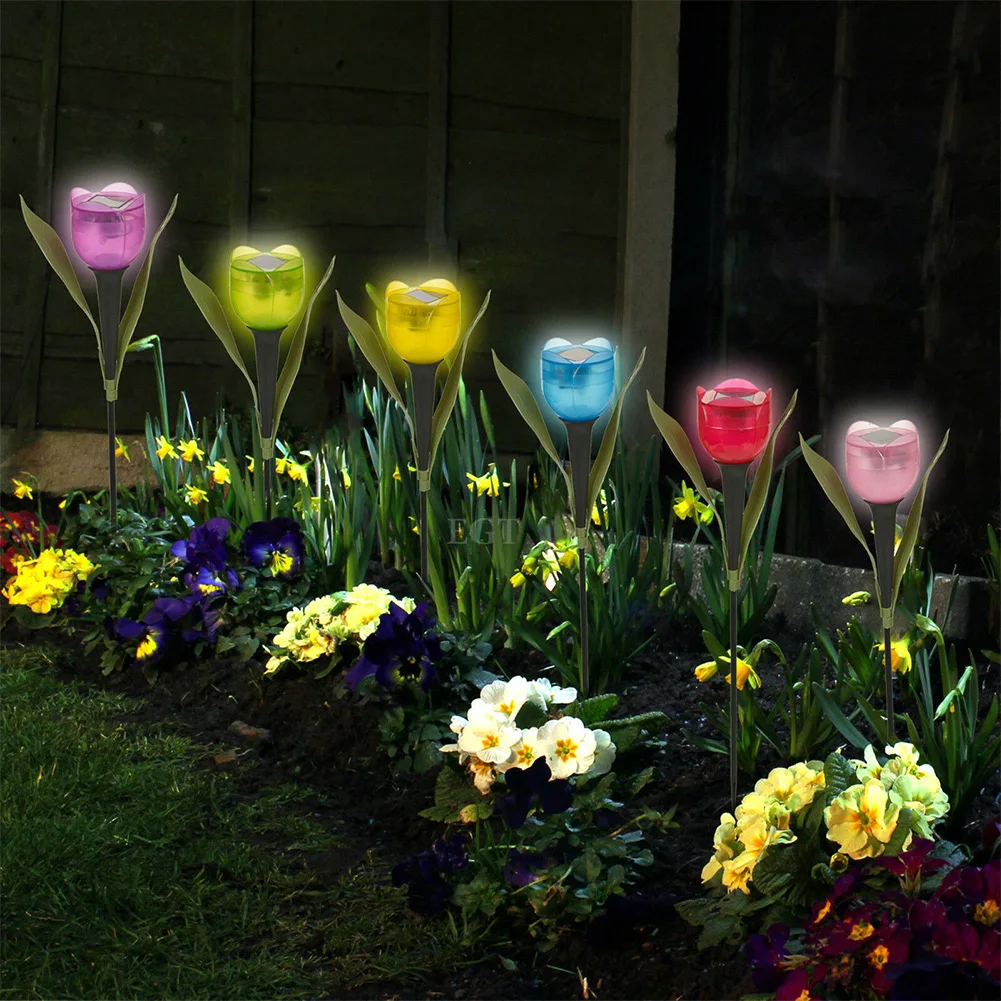 

6pcs Garden Tulip Flower Shape LED Solar Powered Lights Outdoor Standing Decor Pathway Lights For Christmas Lawn Yard Decoration