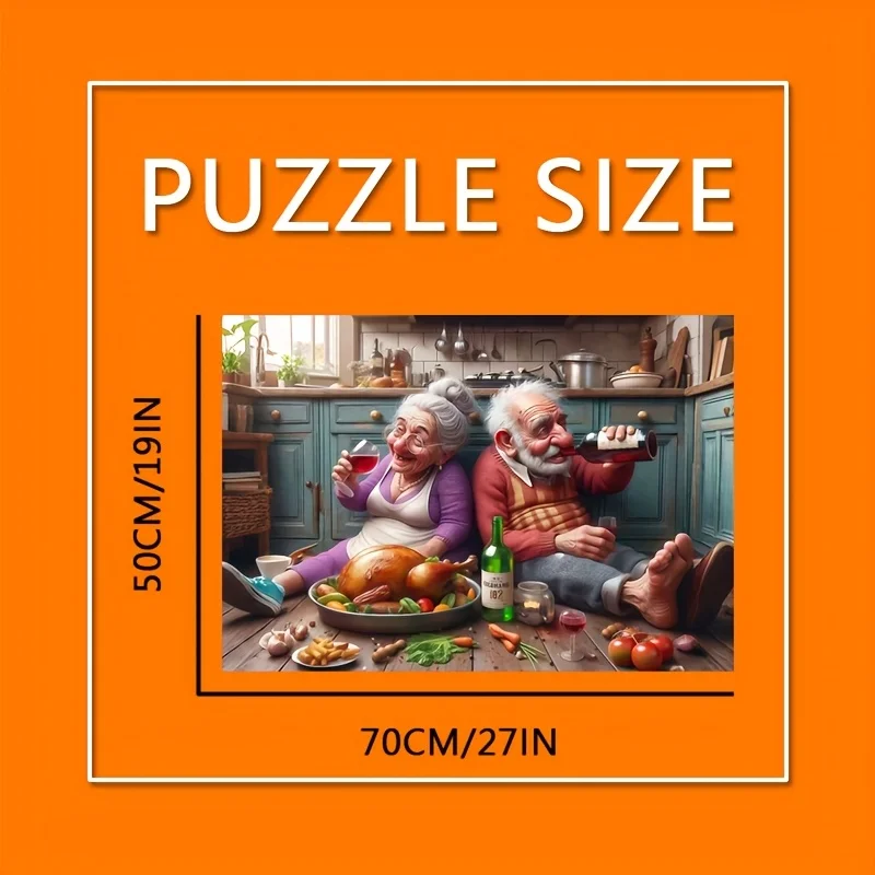 1000pcs Jigsaw Puzzle - Elderly Couple Dining Together, Vintage Kitchen Table Scene with Roasted Turkey, Vegetables & Wine - R