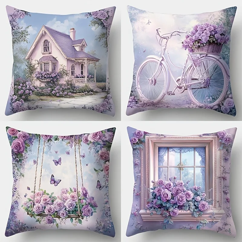 Purple Rose-Printed Cushion Covers ,Sofa bedroom cushion cover, single-sided printing, without pillow core
