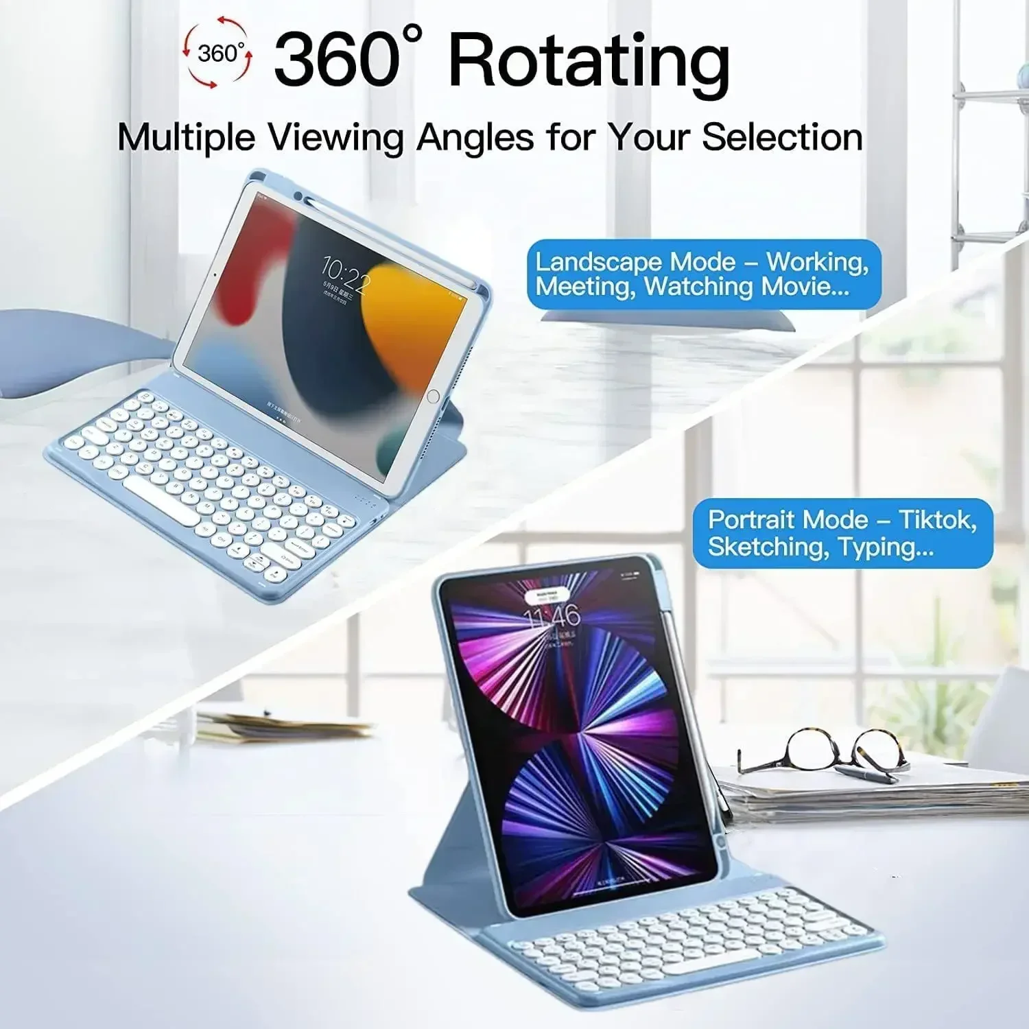 360 Rotation Flip Cove Keyboard Case For iPad 7 8 9 10th Generation Air 4 5 Pro 2024 M4 11 inch Pencil Slot Stand Clear Cover