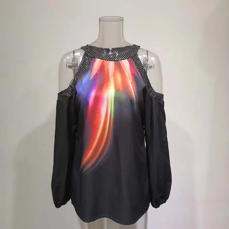 

Zagros Women Chiffon Print Blouse, Casual Long Sleeve Cold Off Shoulder Hollow Out Plus Size Elegant Top