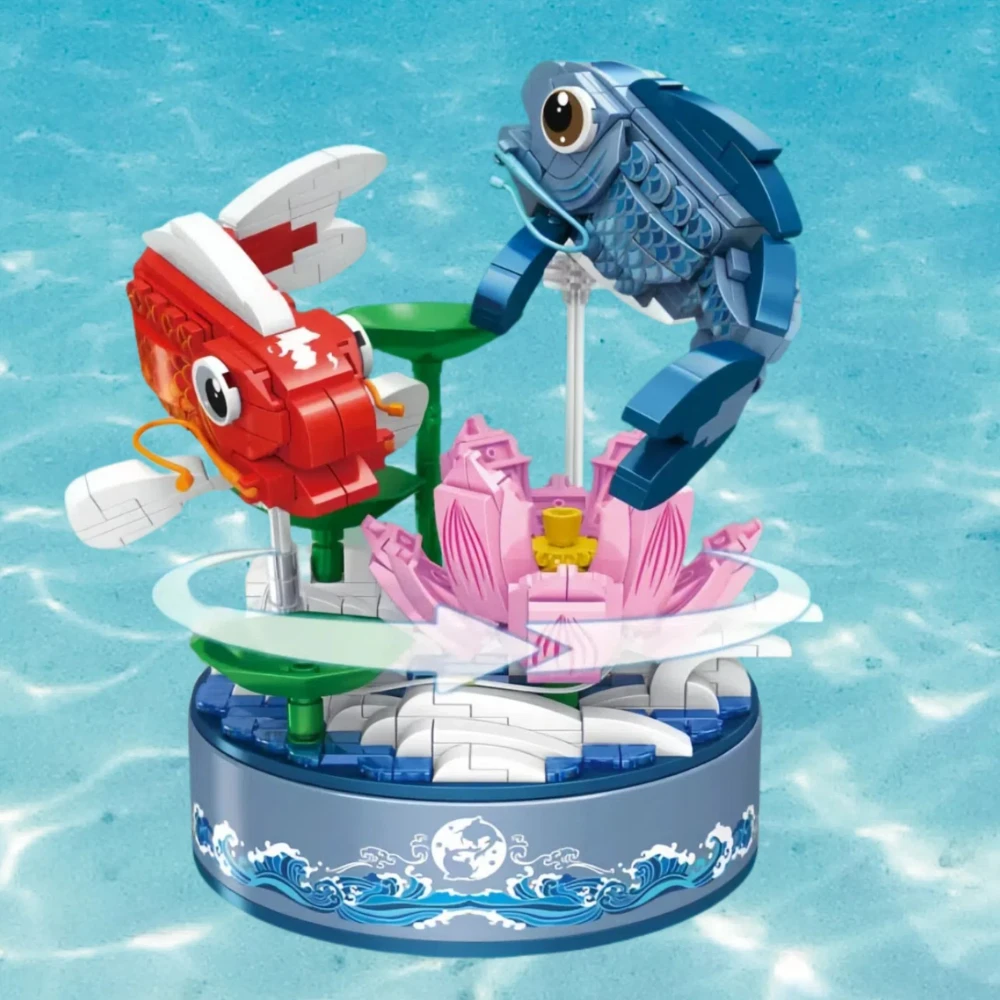 Moc mundo koi carpa peixes caixa de música de lótus blocos de construção conjunto feliz amor animais brinquedo diy para crianças presentes do feriado aniversário do miúdo