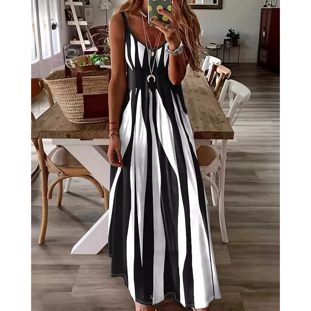 

Summer Women Geometric Print V-Neck Dress Casual Spaghetti Strap Maxi Dress Fashion Sexy A Line Vacation Outfits Streetwear