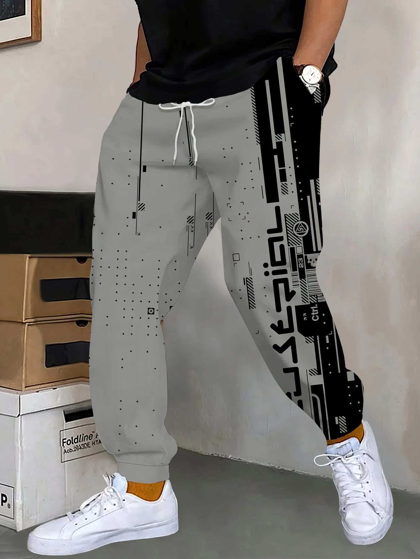 Autumn Black White Geometry Pattern Print Sweatpants Pants Men Casual Pocket Drawstring Sweatpants Fashion Outdoors Sportswear