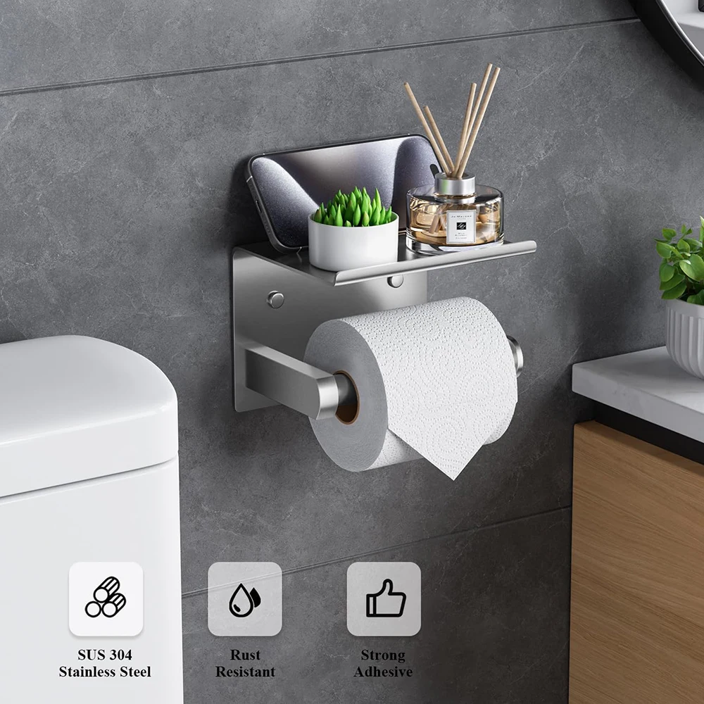 

Self-adhesive Bathroom Toilet Paper Roll Holder Wall-mounted Stainless Steel Toilet Paper Holder with Mobile Phone Storage Rack