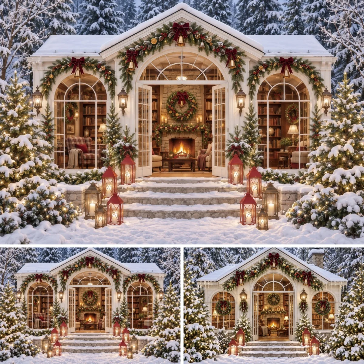Cozy Winter Cottage Backdrop Arch Door Bookshelf Warm Light Wreath Photography Background Family Portrait Photo Booth Banner
