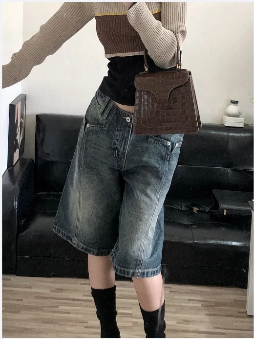 Y2K شورت دينم عتيق للنساء فضفاض عالي الخصر ملابس الشارع الكورية واسعة الساق جينز صيفي مغسول كبير الحجم غير رسمي