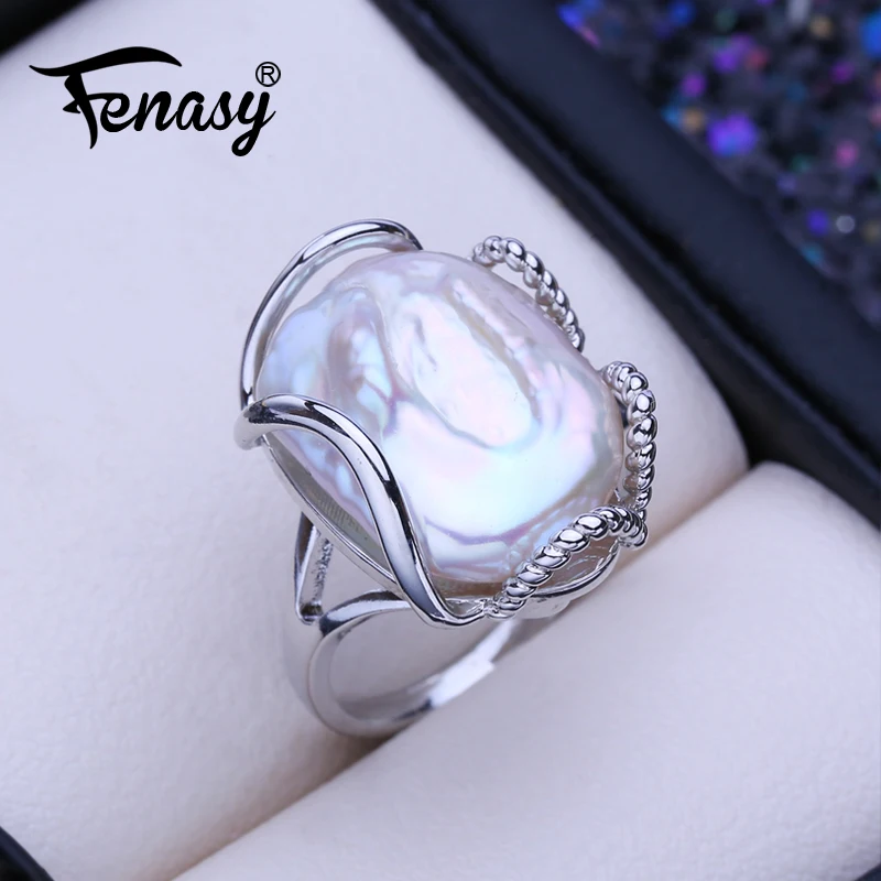 FENASY Freshwater 13-20mm Big Baroque Pearl Silver Gold Color Rings For Women Bridal Wedding Jewelry Birthday Gifts