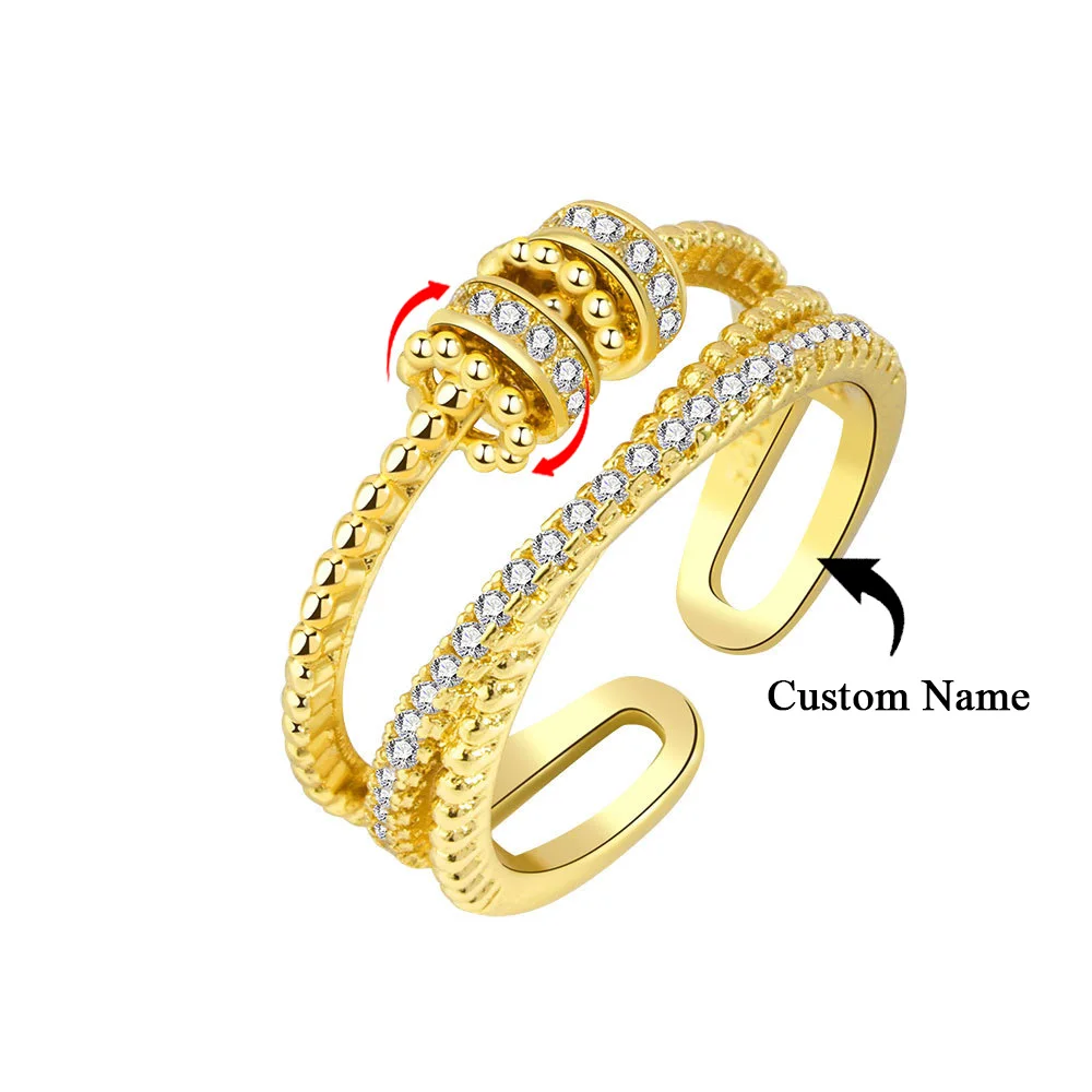 925 Silver Custom Name Zircon Round Spinning Bead Adjustable Opening Stackable Anxiety Ring Fidget Bee Jewelry Women's Gift Ring