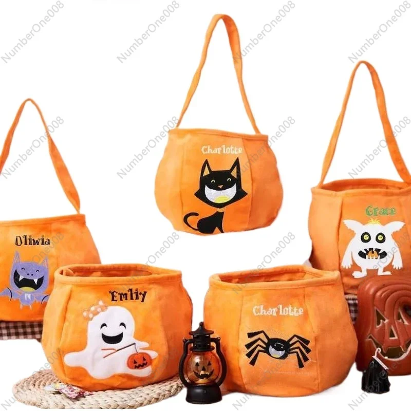 

Personalized Embroidered Halloween Candy Bucket with Name, Handheld Trick-or-Treat Basket, Holiday Party Decor