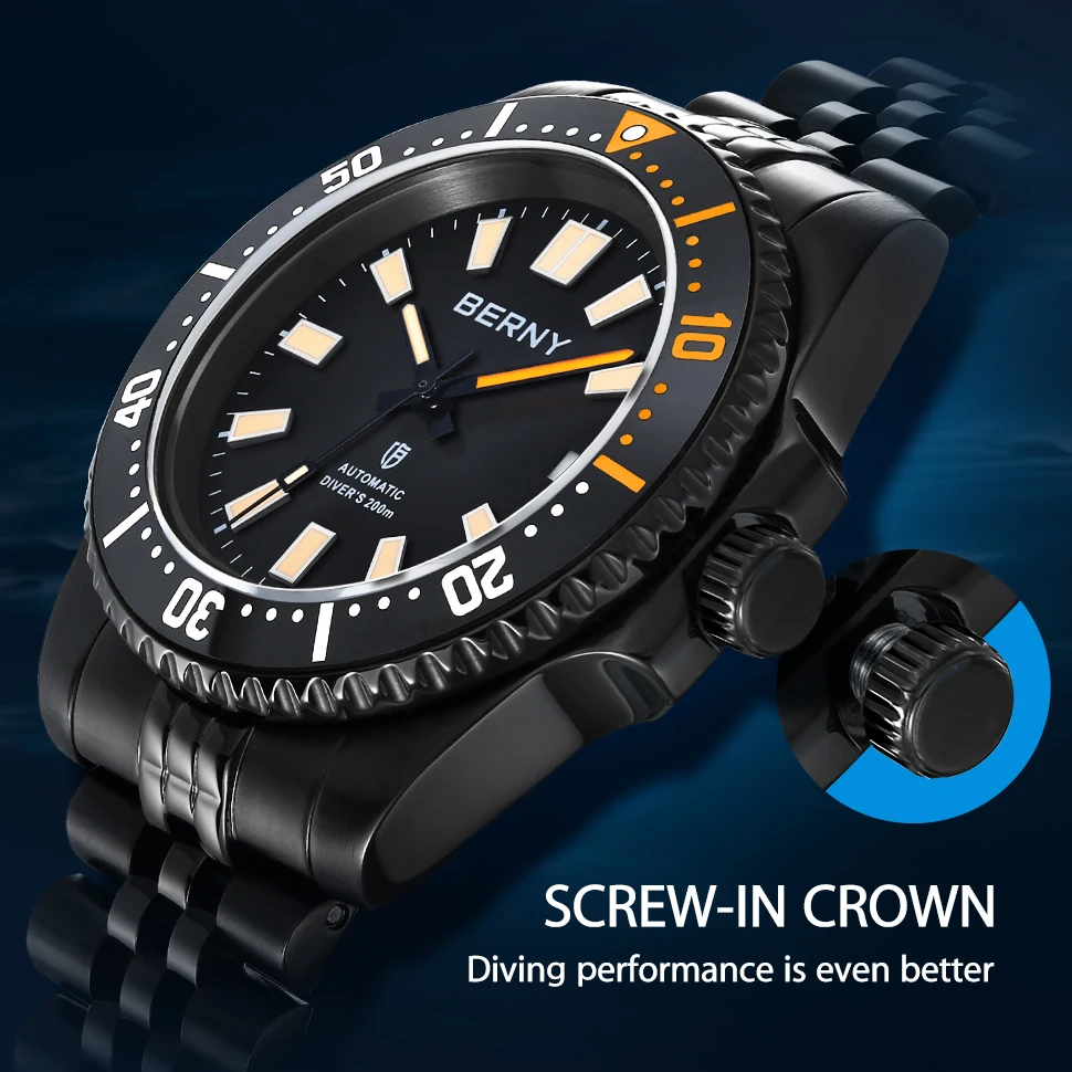 BERNY Men 20ATM Diving Automatic Self-Wind Watch BERNY NH35 Super Luminous Sapphire Sport Mechanical Automatic Men Wristwatch