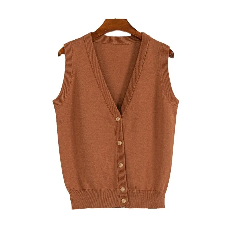 Cotton V-neck Solid Color Knitted Waistcoat Female Fold Wear Autumn And Winter New single-breasted Loose Outside With Sleeveless