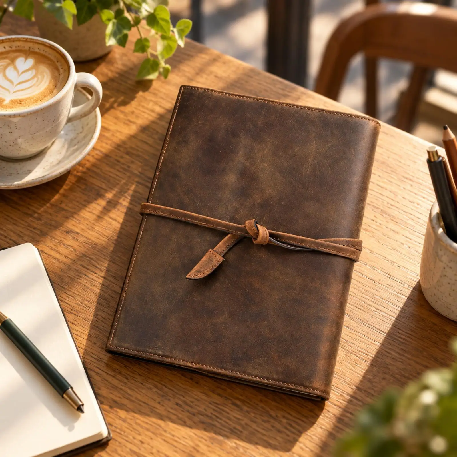 Crazy Horse Leather A5 Notebook Brown Cover Leather Notebook Cover with Enveloping Tie Textured for Journaling, Meetings, Office