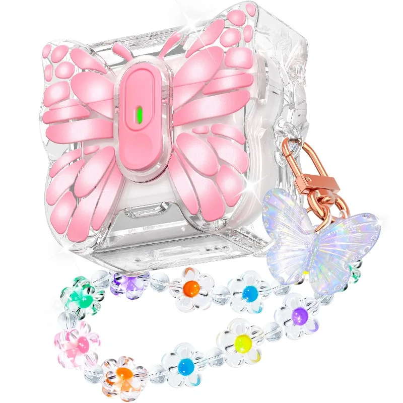 Compatible with AirPods 4 and AirPods Pro (2nd Gen) – Pink Butterfly Print TPU Case with Integrated Stand and Cute Cat Keychain
