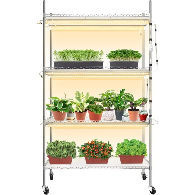 Plant Stand with Grow Lights for Seedling,  Duty Metal Rack with Wheels for Indoor Plants(35x14x61IN,Silver)