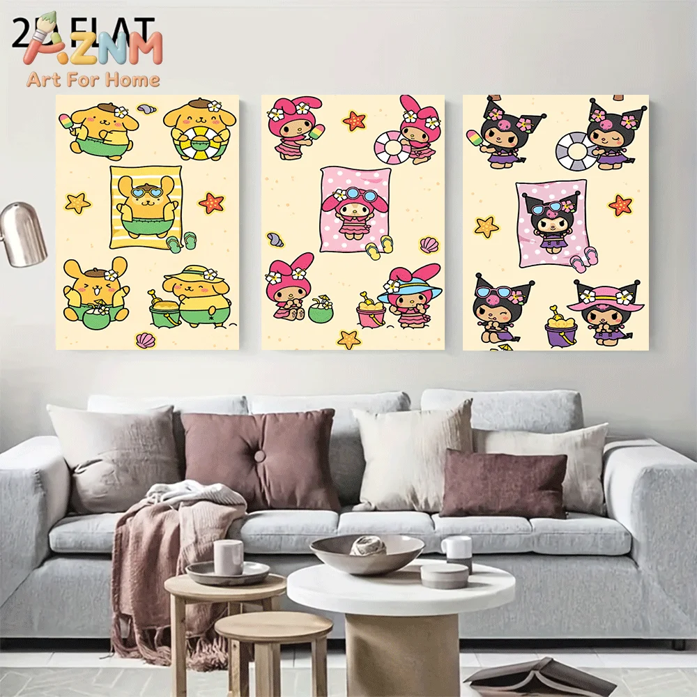 AZNM Sanrio Characters Canvas Wall Art Unframed Cute Cartoon Print Poster Summer Beach Pompompurin My Melody Kuromi Swimming Rin