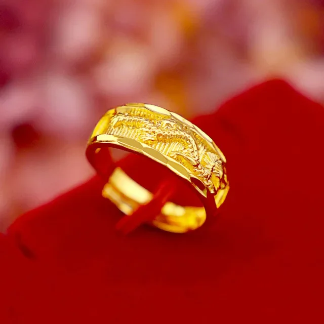 K Gold color Opening Rings for Love Couple Wedding Engagement Dragon Phoenix Pure Gold Ring Match Couple Jewelry Gifts