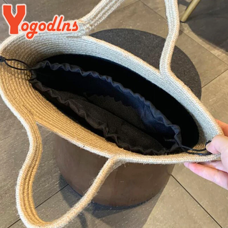 Yogodlns Summer Woven Straw Handbag Women Contrast Color Cotton Rope Beach Bag Travel Large Capacity Tote Shopping Handle Bags