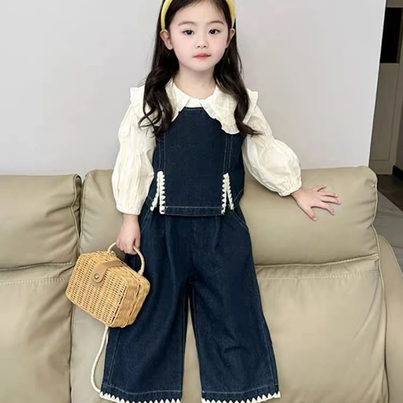 Children's Sets 2025 Fall Girls' Denim Vest Set Stylish Shirt + Suspenders Outfit Trendy Toddler 2-Piece Jacket Ensemble