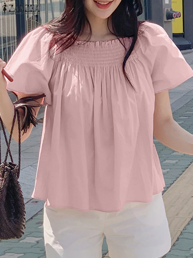 ZANZEA Plus Size Elegante Chic Camicette da donna Estate Smocked Collo quadrato Manica corta Tinta unita Babydoll Top Moda coreana 5XL