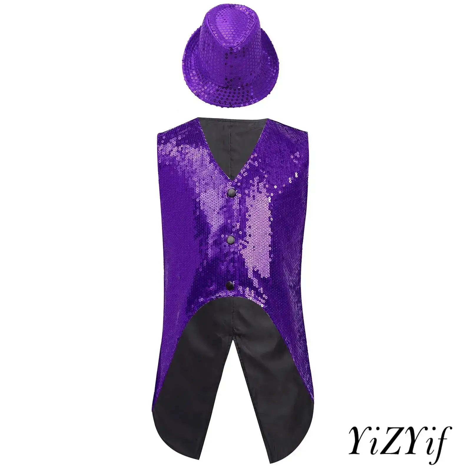 

‌Kids Boys Trendy Sleeveless Sequin Vest Breathable Lining V-Neck Button Glamorous Dazzle with Hat for Jazz Dance Party Banquets