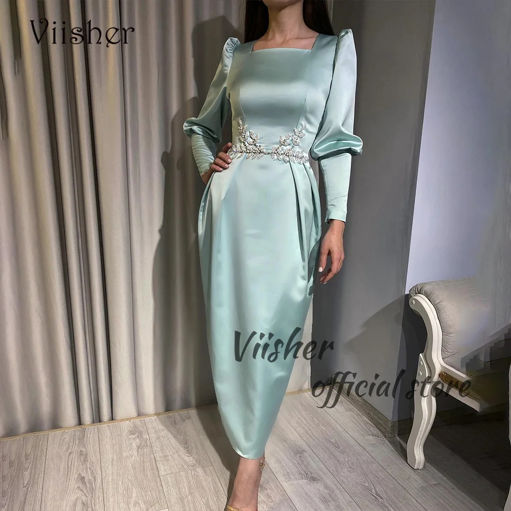 

Viisher Mint Mermaid Evening Dresses Long Sleeve Square Neck Beads Satin Formal Prom Dress Ankle Length Formal Gowns