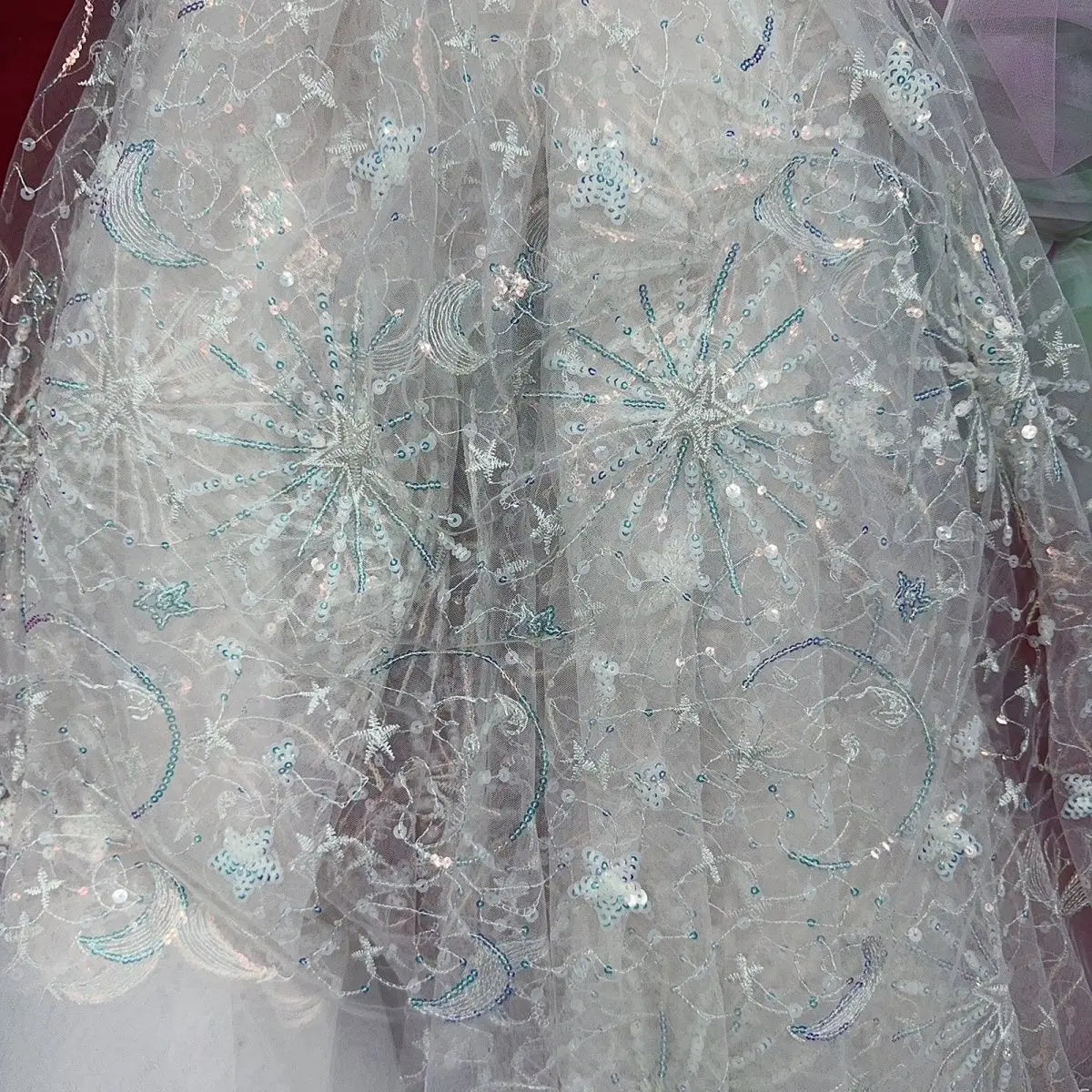 Light Pink Star-and-Moon   Sequin Embroidered Tulle Fabric for Wedding Dresses, Veils, and DIY Crafts