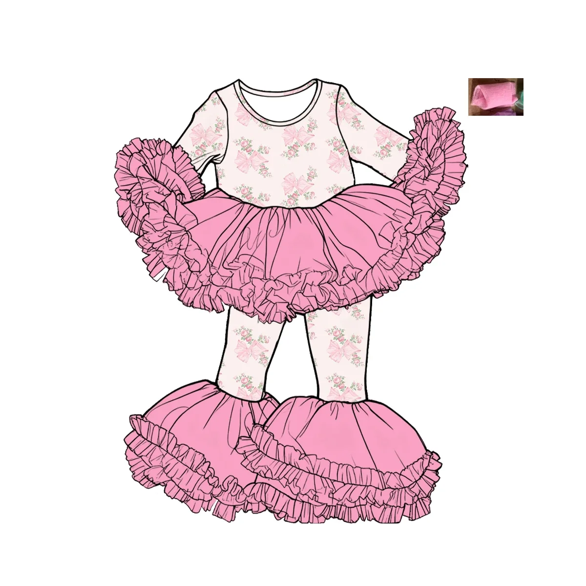 

Бутик, новый розовый наряд-пачка для маленьких девочек, сетчатые брюки-колокольчики с рюшами, кружевной комплект с длинными рукавами и цветочным принтом Санта-Клауса, детский рождественский комплект