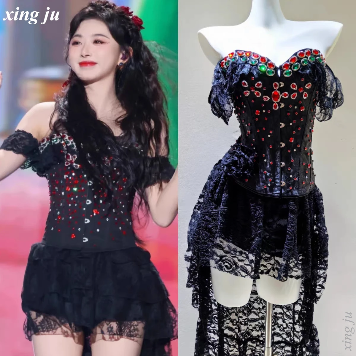 

Kpop Singer Concert Jazz Dance Costume Women Black Rhinestone Strapless Tops Sexy Lace Hollow Out Skirt Stage Performance Outfit