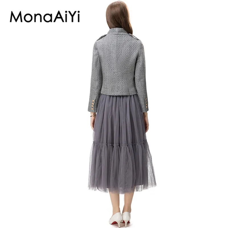 MonaAiYi Office Lady Fashion Suit Designer Women's Stand Collar Single-Breasted Gray Tweed Tops+Tulle Pleated Skirt 2pcs Set