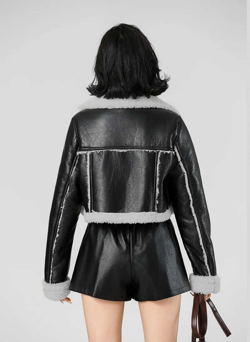 Streetwear Short Leather Jacket Women Vintage Bomber Jacket Coats Autumn Winter Jackets Outerwears Fashion Women Winter Clothes